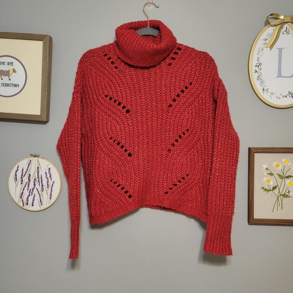 Oak & Trellis Red Chunky Knit Pointelle Turtleneck Sweater Tomato Red Cozy